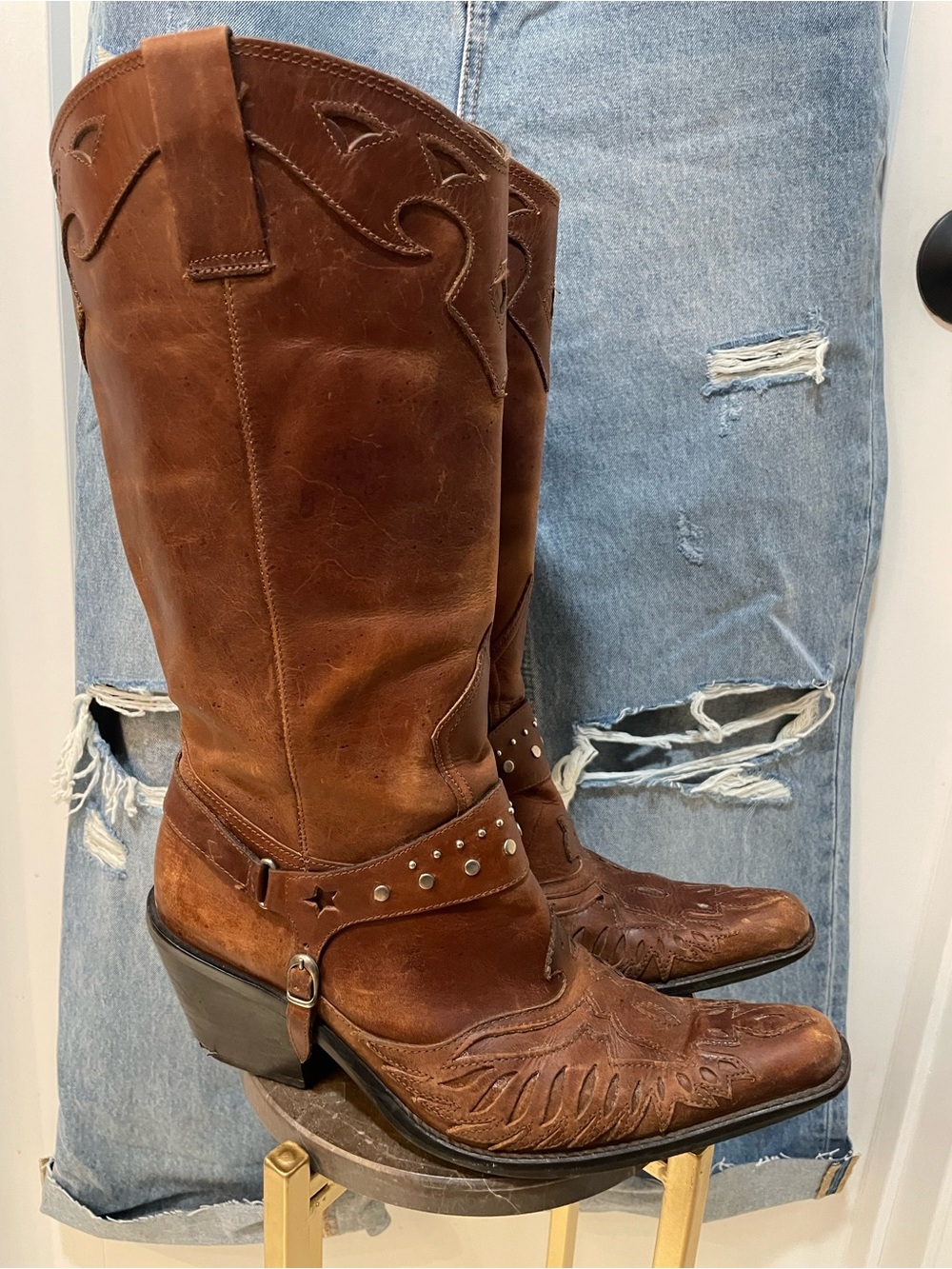 Mia Vintage Boots "Rockstar Thunderbird" Harness Boots, Brown Leather Size 8, Ra